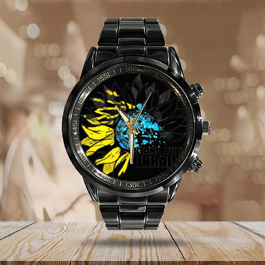 Sunflower Ukrainian Flag I Stand With Ukraine Ukra Calendar Steel Band Watch