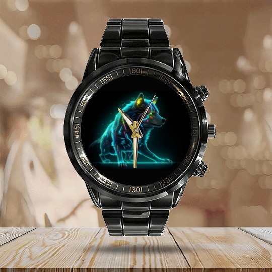 Neon Moon Wolf Calendar Steel Band Watch