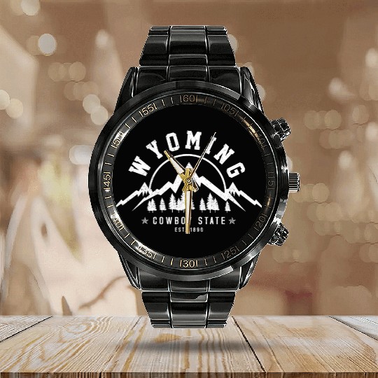 Wyoming The Cowboy State Est 1890 Mountains Calendar Steel Band Watch