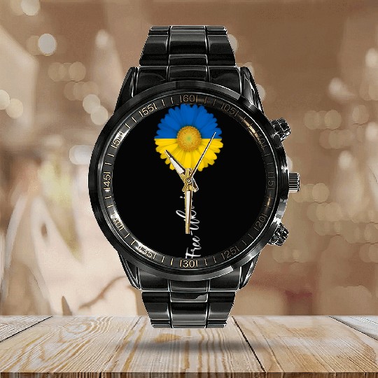 Free Ukraine Sun Flower Support Ukraine I Stand Wi Calendar Steel Band Watch