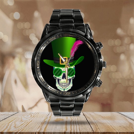 Sugar Skull Saint PatricDay Of Dead Calendar Steel Band Watch