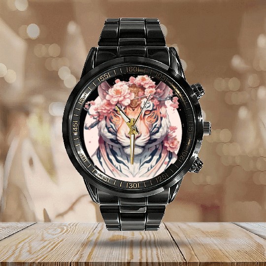 Watercolor Flower Tiger Chinese Zodiac Animal Sign Calendar Steel Band Watch