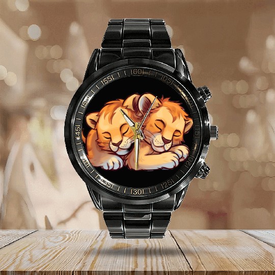 Sleeping Lion Cubs Calendar Steel Band Watch
