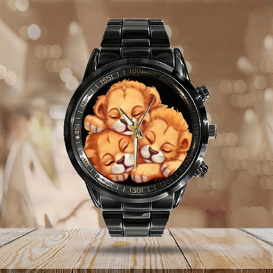 Sleeping lion cubs Calendar Steel Band Watch