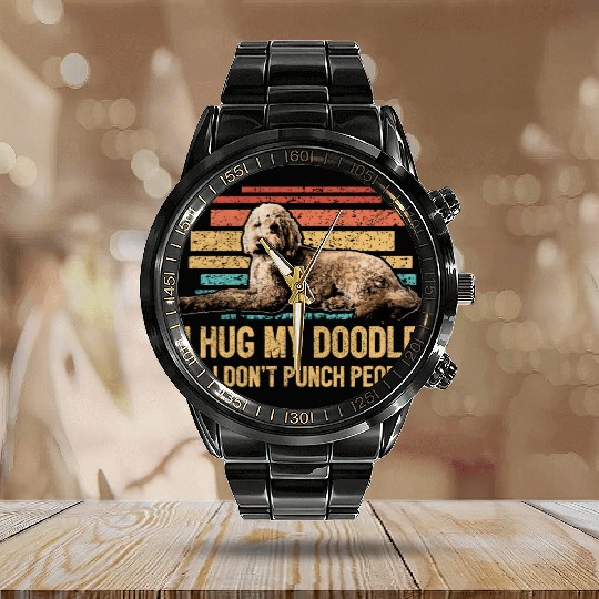 I Hug My Doodle Retro Goldendoodle Dog Dad Doodle Calendar Steel Band Watch