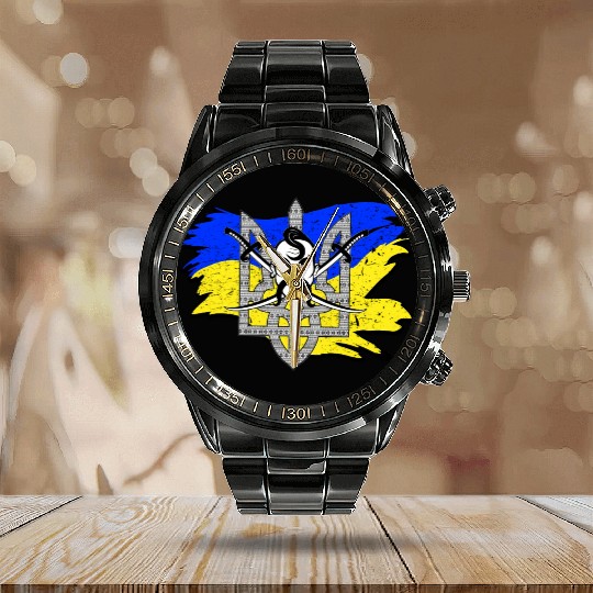 Ukraine Flag Cossack Warrior Ukrainian Tryzub Calendar Steel Band Watch