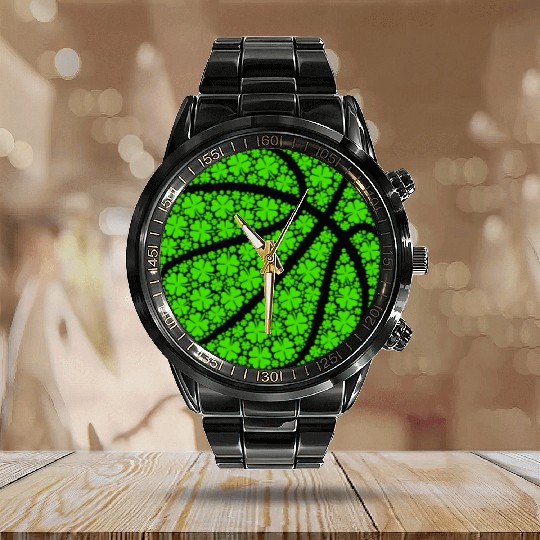 Baetball Ball Irish Shamrock Lucky Clover St Calendar Steel Band Watch