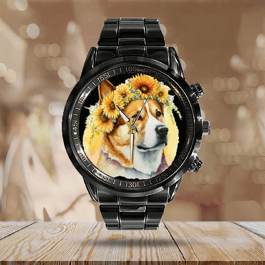 Watercolor Akita Sunflower Dog Breed Pet Puppy Calendar Steel Band Watch