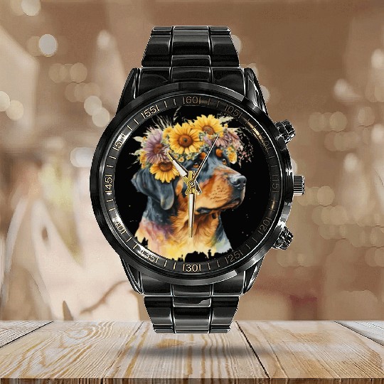 Cute Rottweiler Sunflower Dog Breed Pet Puppy Calendar Steel Band Watch