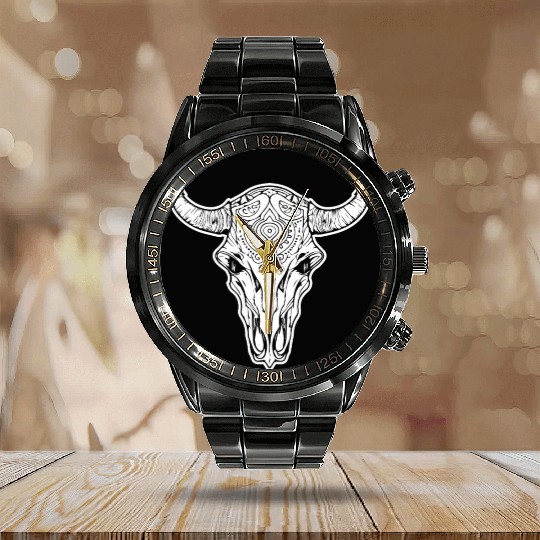 Cow Skull Boho Calendar Steel Band Watch