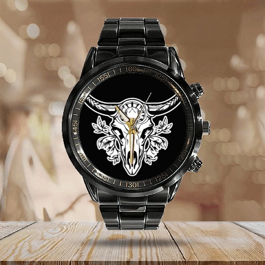 Cow Skull Boho Calendar Steel Band Watch