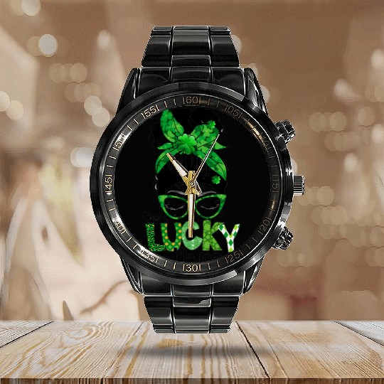 Lucky Mama Messy Bun Leopard Shamrock St Calendar Steel Band Watch