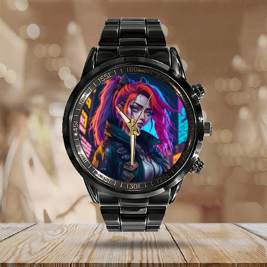 Cyberpunk Anime Girl Calendar Steel Band Watch