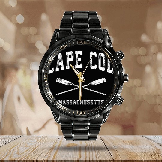Cape Cod Massachusetts Nautical Crossed Oars Calendar Steel Band Watch