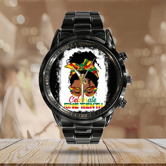 Black Messy Bun Juneteenth Celebrate Indepedence Calendar Steel Band Watch