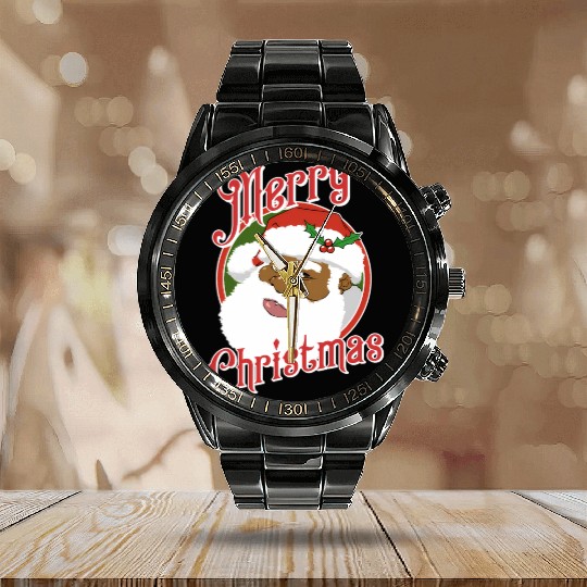Black Merry African American Santa Claus Calendar Steel Band Watch