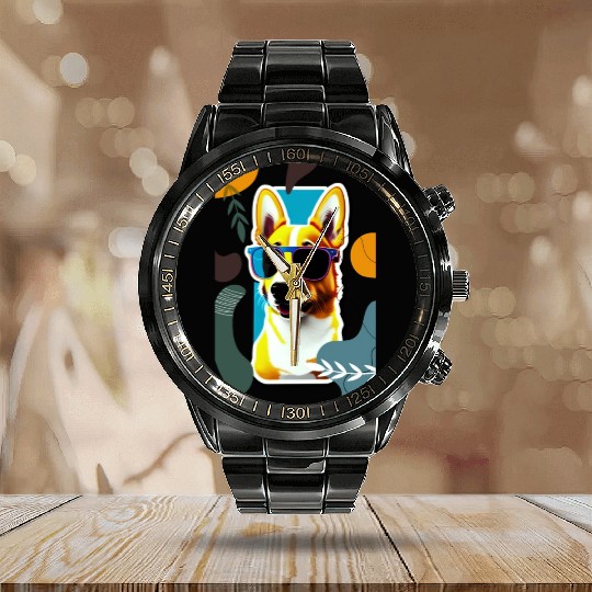cute puppy with flowers Calendar Steel Band Watch
