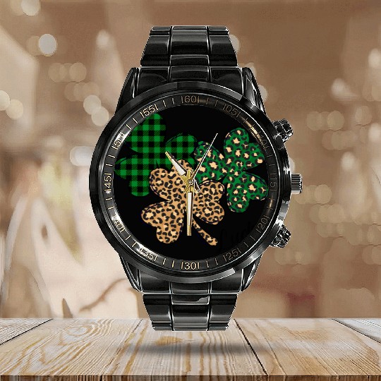 Lucky Leopard Shamrock St Patric Day Calendar Steel Band Watch