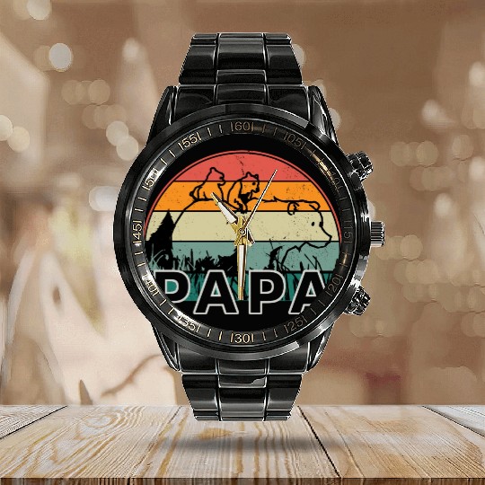 Papa Bear With Cubs Retro Grizzly Bear Forest Tree Calendar Steel Band Watch