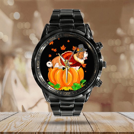Saint Bernard Dog Thanksgiving Turkey Pumpkin Calendar Steel Band Watch