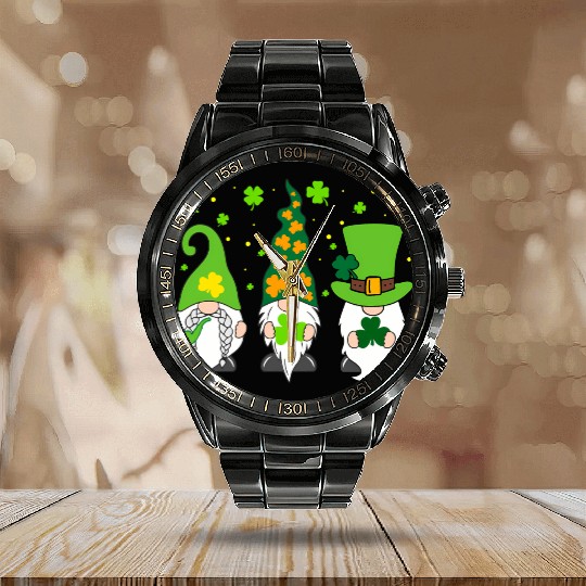 St Patrick'S Day Three Gnomes Shamrock Irish Calendar Steel Band Watch