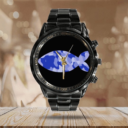 Fish blue camo Calendar Steel Band Watch