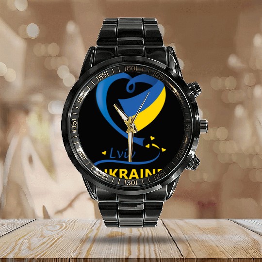 Lviv Ukraine National Flag Heart Emblem Crest Calendar Steel Band Watch