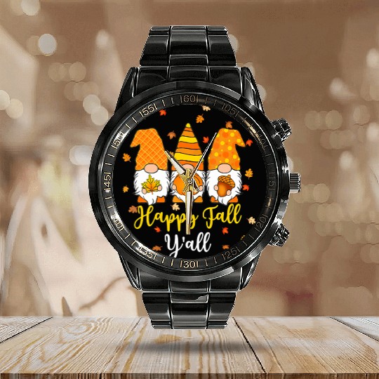 Happy Fall Y'all Cute Gnome Autumn Funny Calendar Steel Band Watch