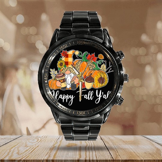 Happy Fall Y'all Gnome Autumn Gnomes Pumpkin Calendar Steel Band Watch