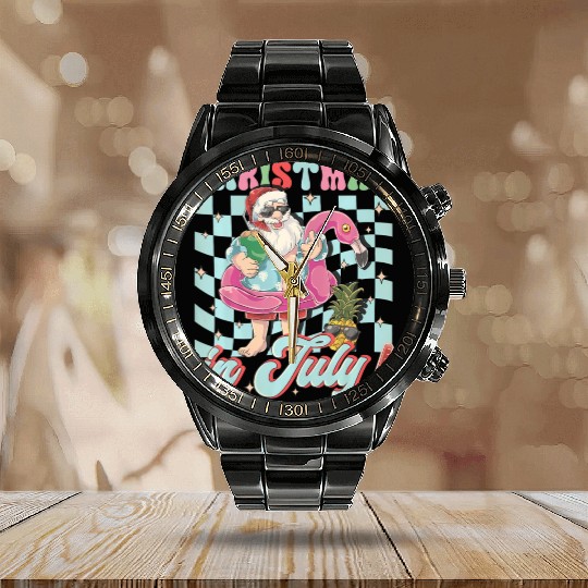 Christmas In July Groovy Santa Flamingo Float Calendar Steel Band Watch