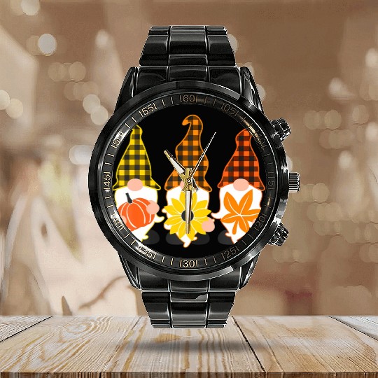 Hello Fall Autumn Plaid Gnomes Leave Pumpkin Calendar Steel Band Watch