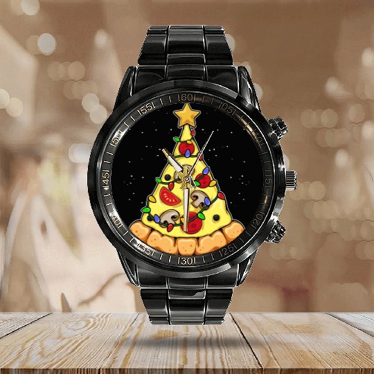 Pizza Christmas Tree Lover Star Xmas Lights Fans Calendar Steel Band Watch