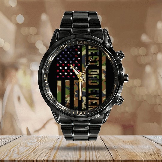 Best dad ever USA flag Camo gift for fatheR Calendar Steel Band Watch