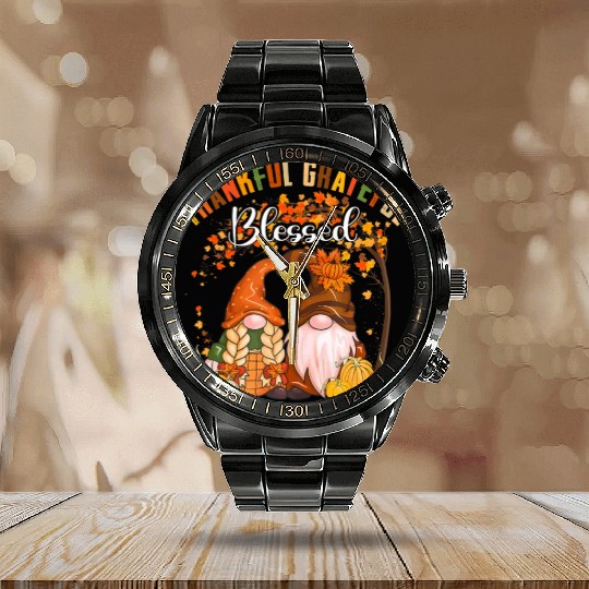 Thankful Grateful Blessed Gnomes Fall Autumn Calendar Steel Band Watch