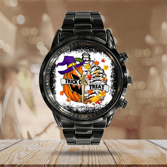 Retro Fall Leaves Trick Or Treat Halloween Pumpkin Calendar Steel Band Watch