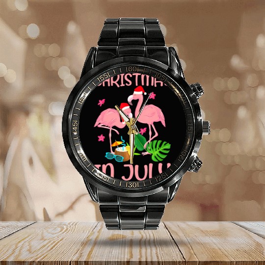 Christmas In July Pink Flamingo Wearing Santa Hat Calendar Steel Band Watch