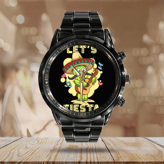 Let's Fiesta Cinco De Mayo Cactus with Guitar and Calendar Steel Band Watch