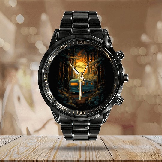 Rv Camping Camper Caravan Motorhome Forest Calendar Steel Band Watch