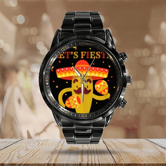Let's Fiesta Cinco De Mayo Guitar Cactus Sombrero Calendar Steel Band Watch