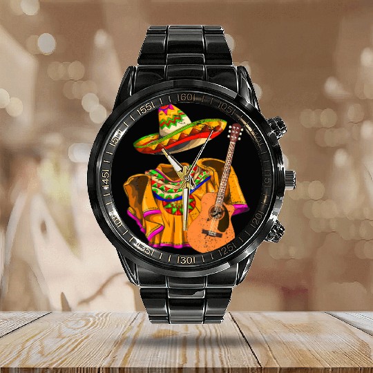Mexico Party Poncho Sombrero Mexican Guitar Cinco Calendar Steel Band Watch