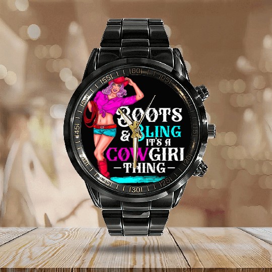 Cow Boots And Bling It'S Cow Things Western Cory Calendar Steel Band Watch