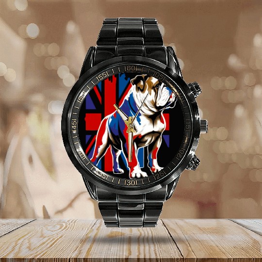 British Bulldog With Union Jack Flag King Charles Calendar Steel Band Watch