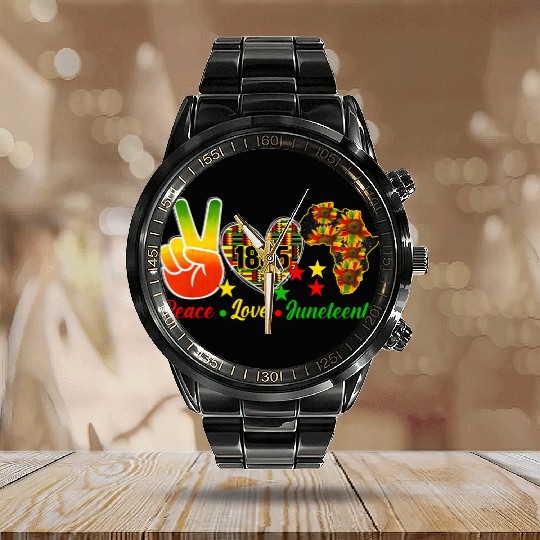 Peace Love Juneteenth 1865 Black Wo Africa America Calendar Steel Band Watch
