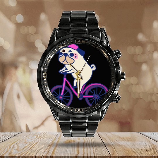 Pug Bicycle Dog Lover Puppy Calendar Steel Band Watch
