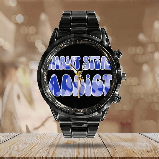 Thrift Store Addict blue camo Calendar Steel Band Watch