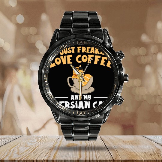 I Just Freakin Love Coffee And My Persian Cat Calendar Steel Band Watch