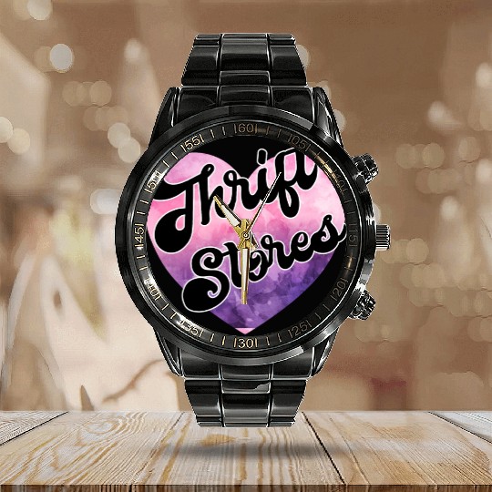 Thrift Stores purple pink watercolor Calendar Steel Band Watch