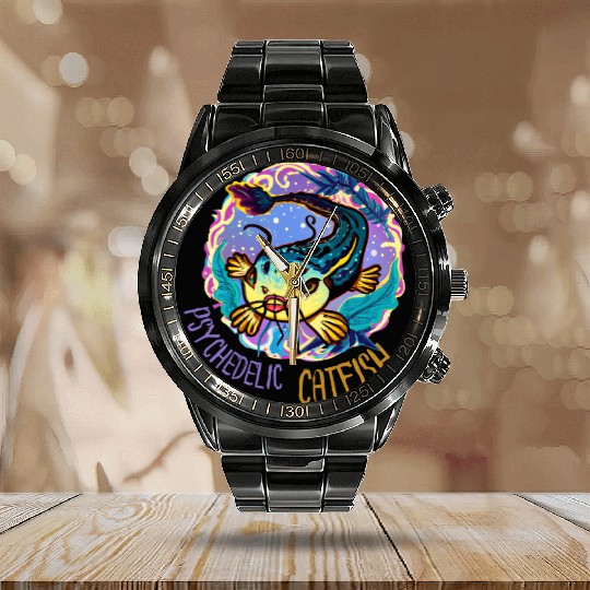 Psychedelic Catfish Artwork Calendar Steel Band Watch