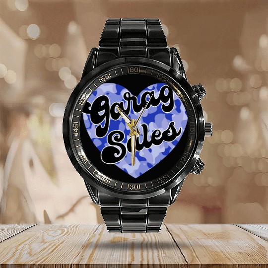 Garage Sales blue camo heart Calendar Steel Band Watch