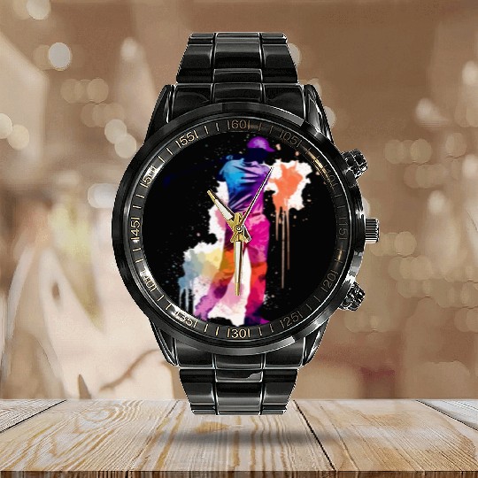 Swinging Harmony - Watercolor Style Golfer Art Calendar Steel Band Watch
